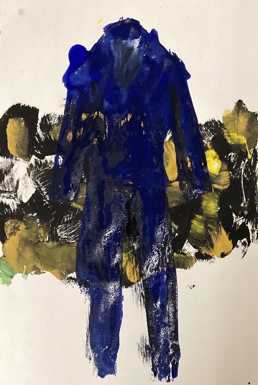 schilderij vrij geschilderd met een blauw staand lichaam