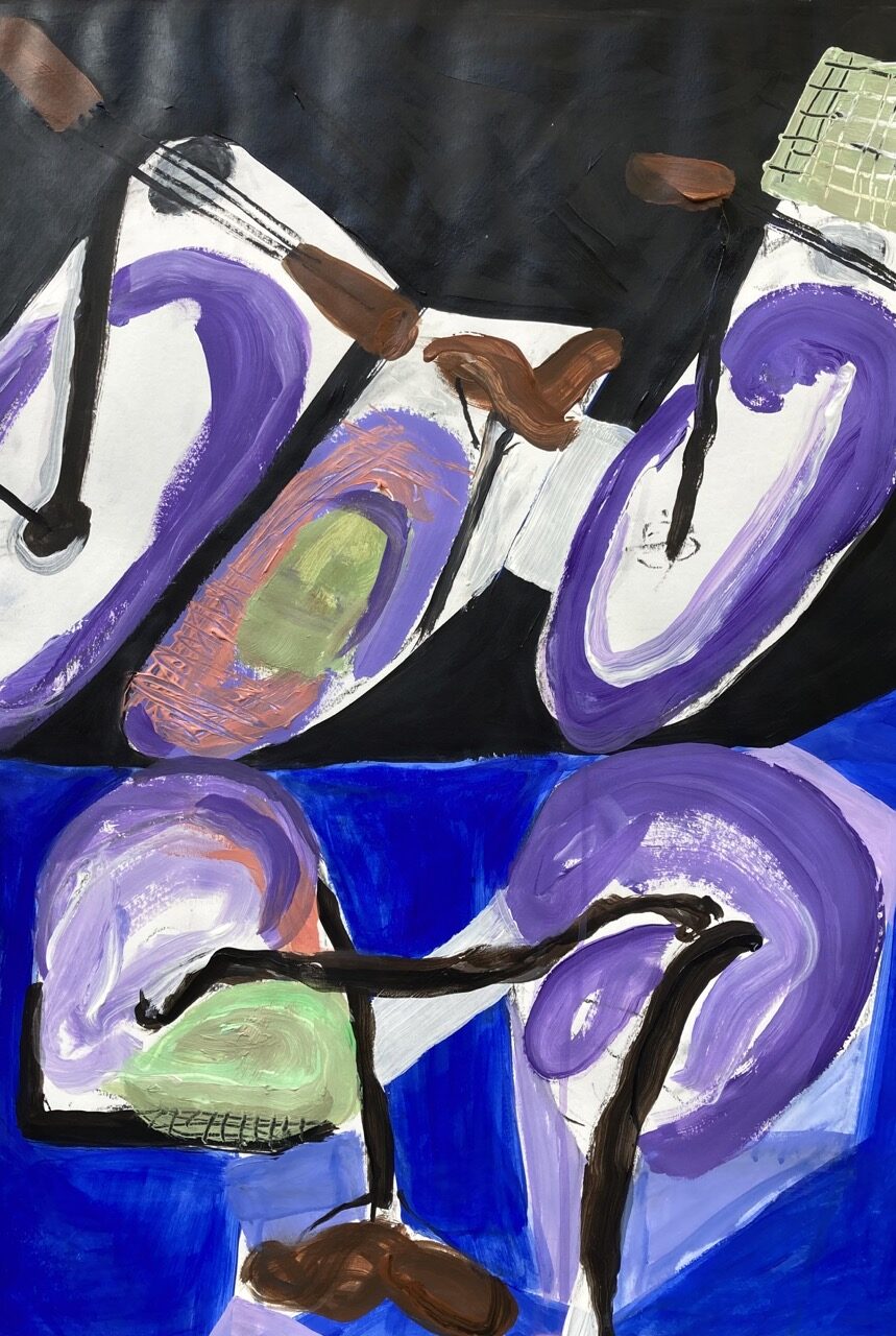 schilderij vrij geschilderd twee abstracte fietsen in blauw en paars
