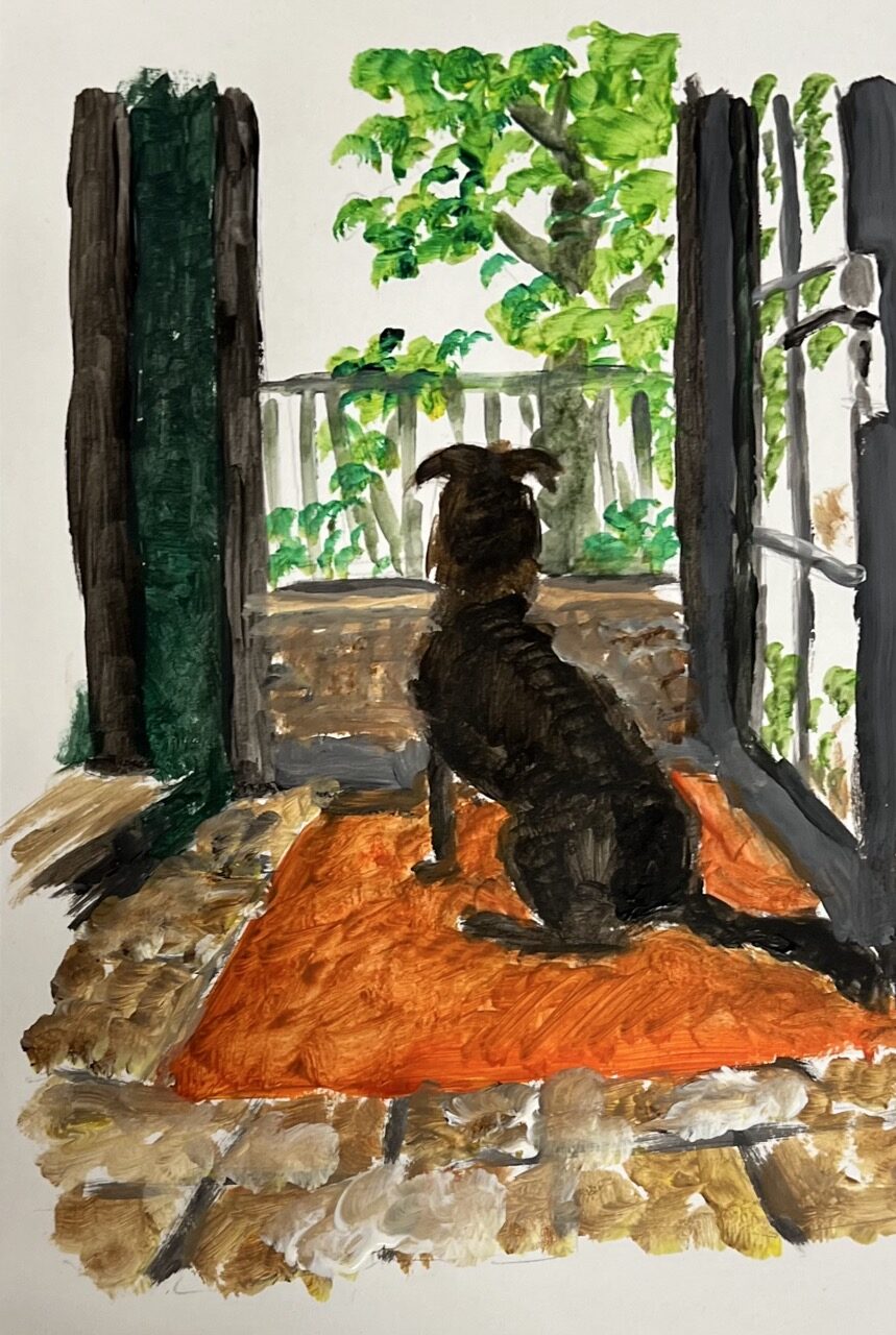 painting of a dog sitting on an orange carpet