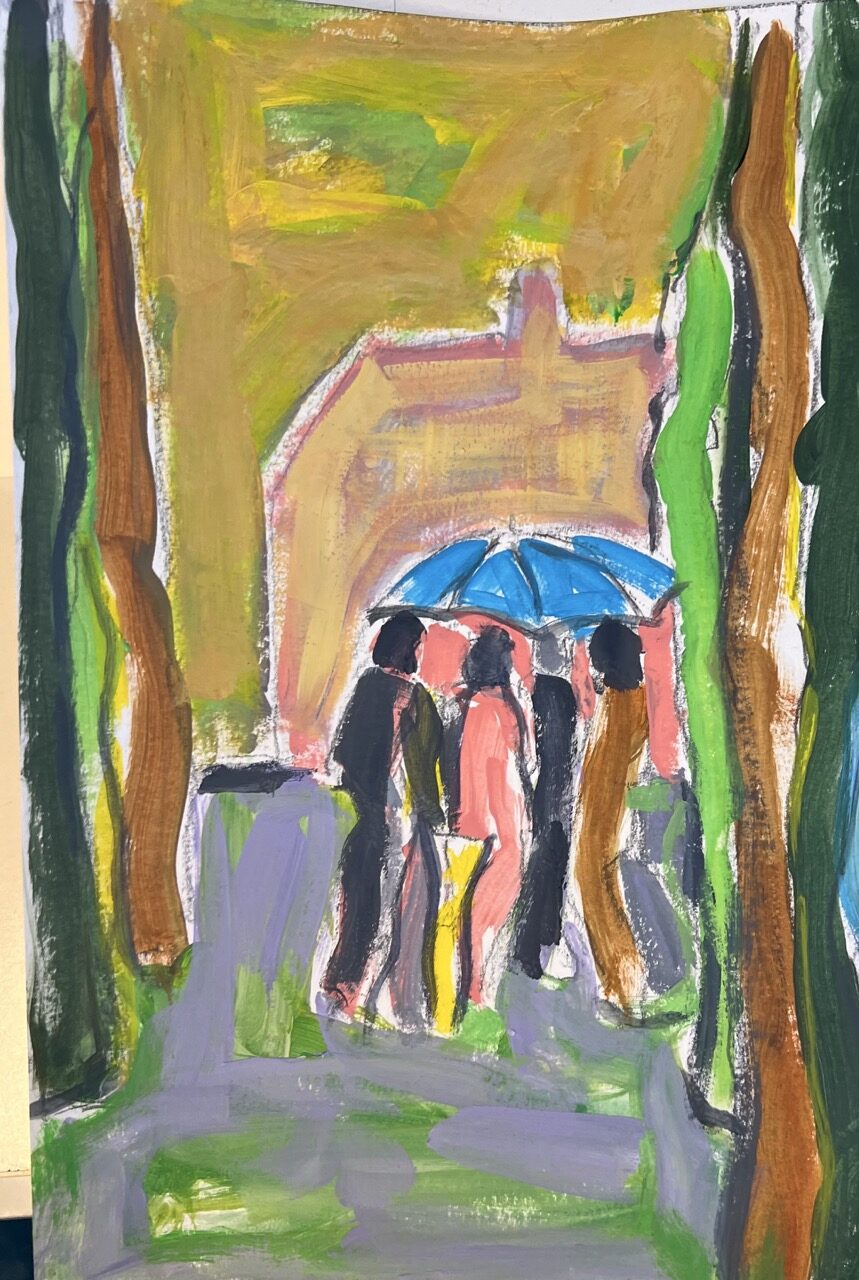 painting of some people standing under an umbrella