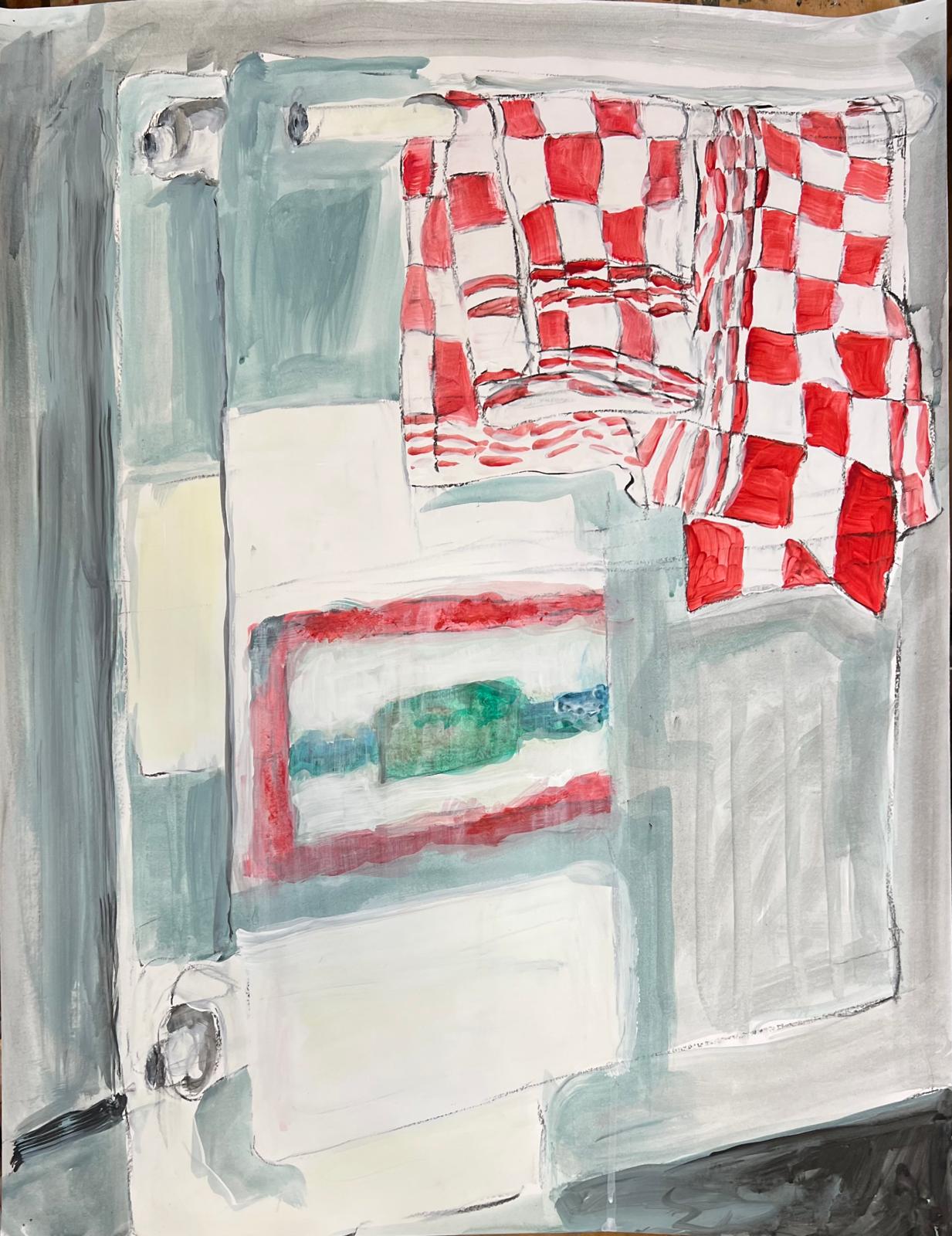 painting of red-white towel hanging in front of fridge