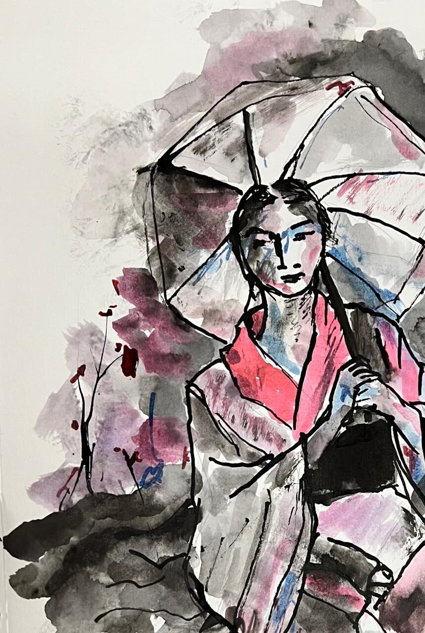 lady holding an umbrella - painting in ink from dutch art class