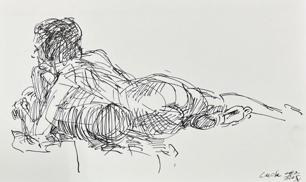 ink painting of a lady lying on a couch